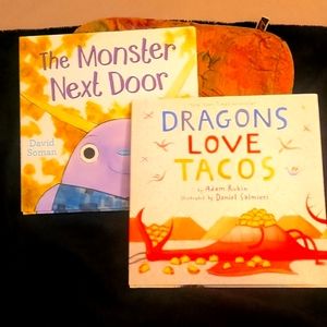 2 HARDBACK Books: LIKE NEW! DRAGONS LOVE TACOS; MONSTER NEXT DOOR